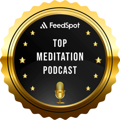 a black circle with a gold border and gold microphone with the words top feedspot top meditation podcast