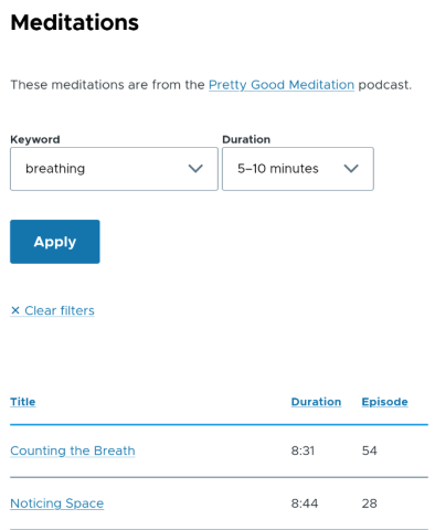 a screenshot of a page with a list of meditations