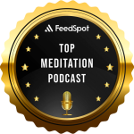 a black circle with a gold border and gold microphone with the words top feedspot top meditation podcast