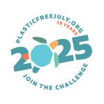 the text 2025 surrounded by words in a circle: join the challenge plasticfreejuly.org