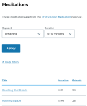 a screenshot of a page with a list of meditations