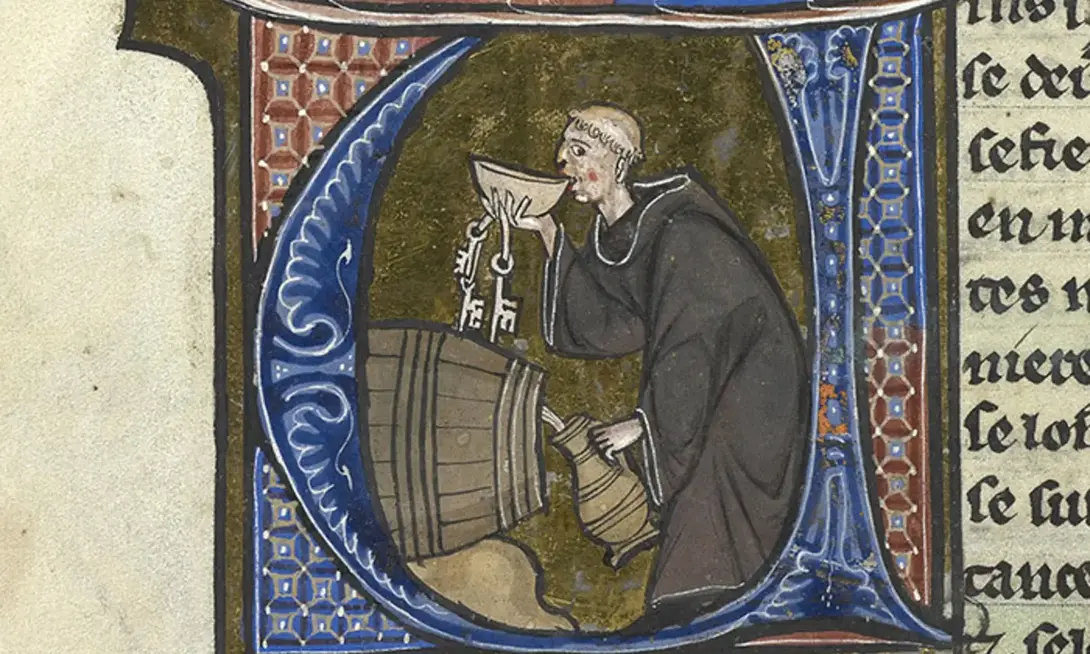 Monk drinking from a bowl and filling a pitcher