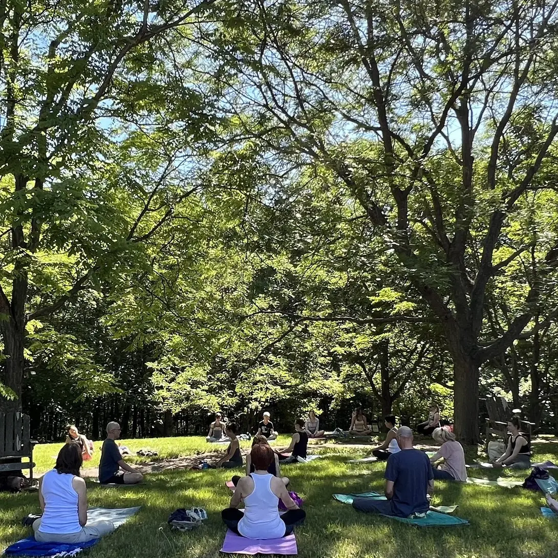 Matthew sitting under trees surrounded by people in a yoga class