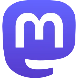 a white letter M in a shape that look vaguely like a purple elephant head