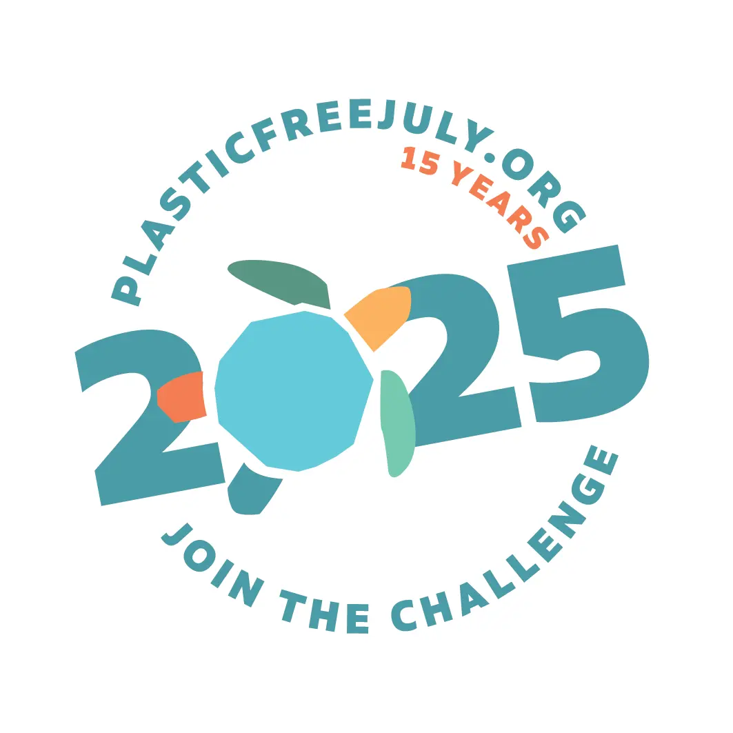 the text 2025 surrounded by words in a circle: join the challenge plasticfreejuly.org