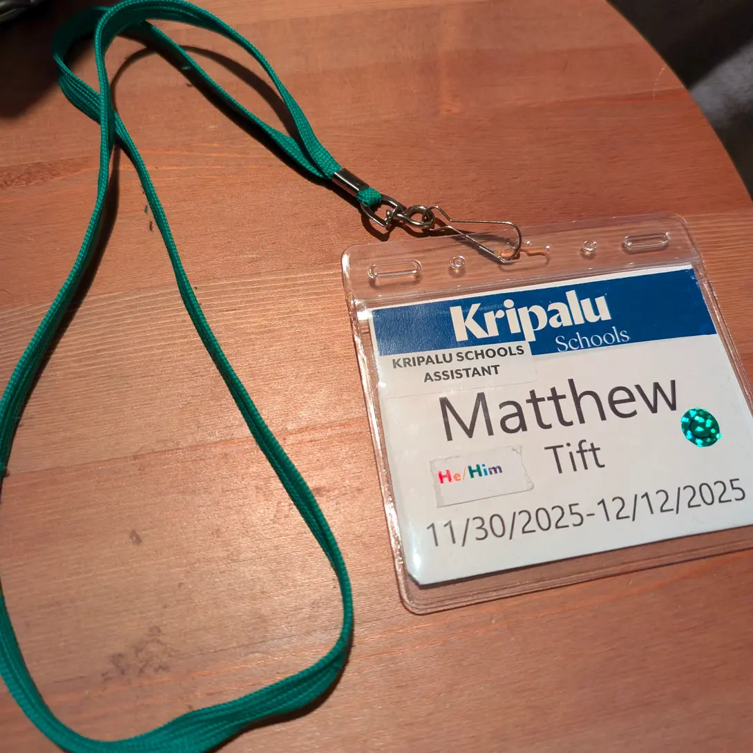 Kripalu name badge with the name Matthew Tift (he/him)